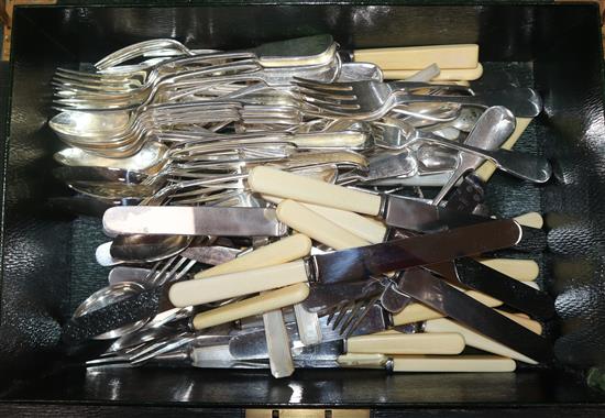 A quantity of assorted plated cutlery including fiddle and Old English pattern